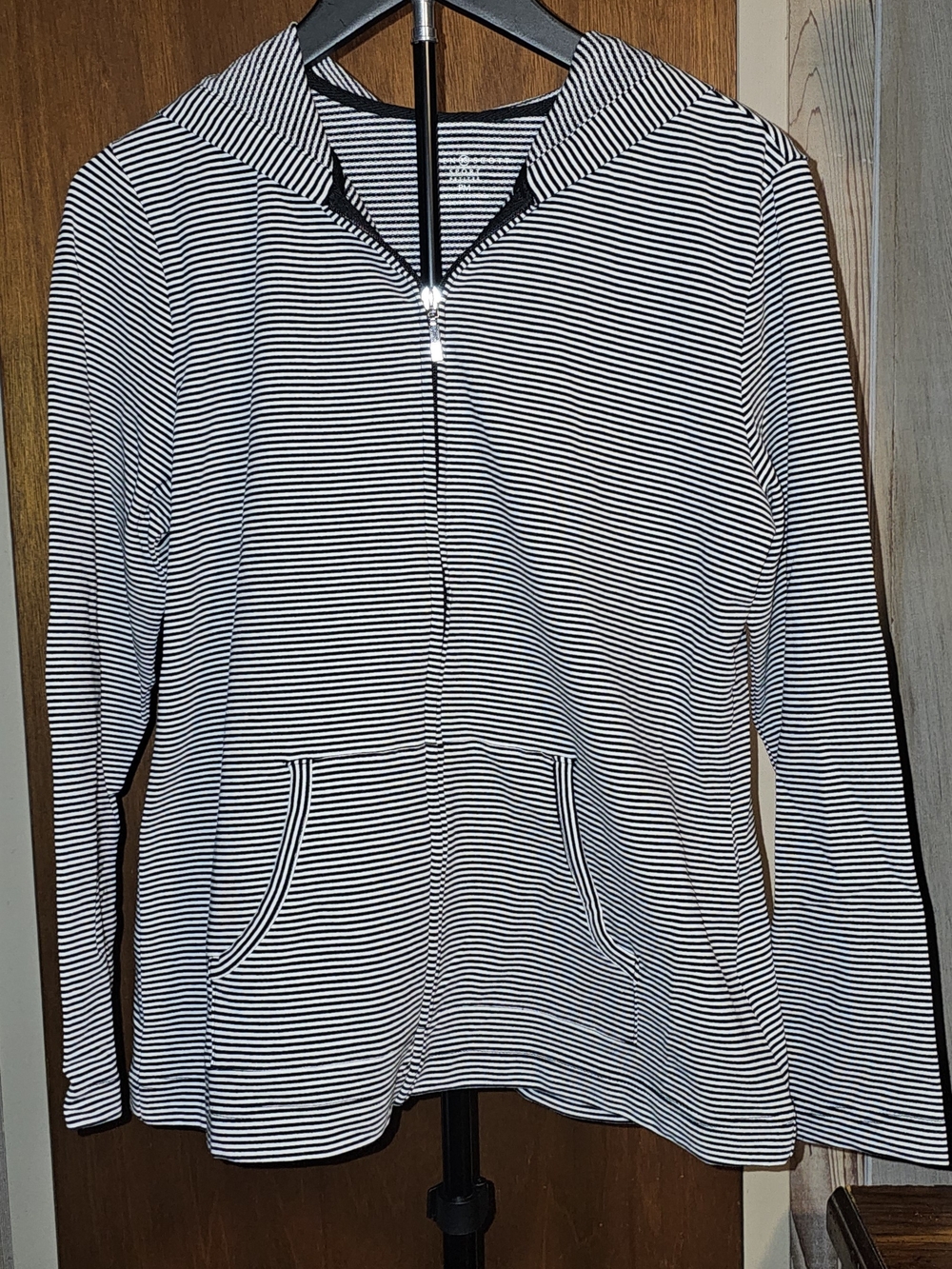Karen Scott Black and White Striped Zip Petite Hoodie